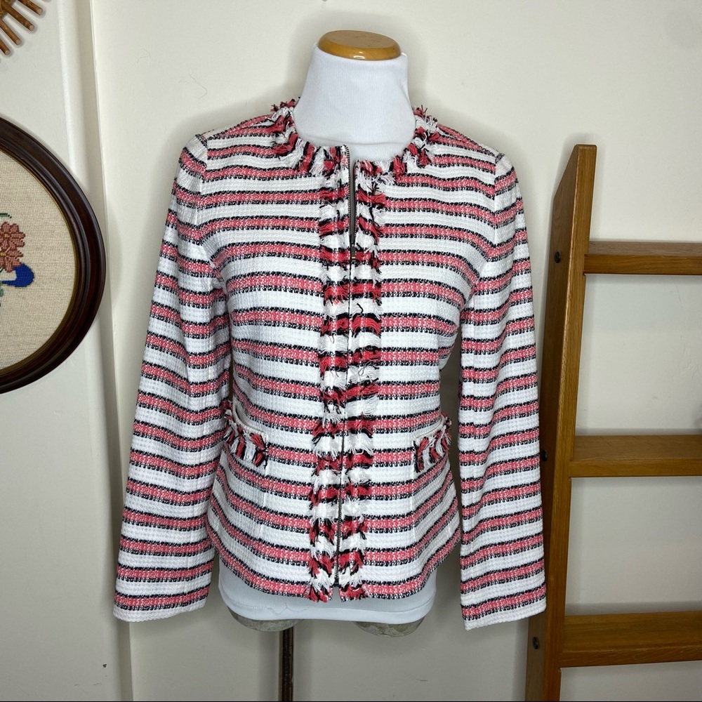 TALBOTS Braided Trim Tweed Zip Front Jacket Blazer